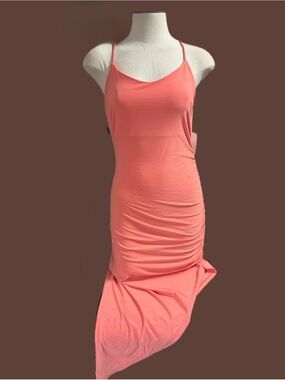 Sleek Coral Maxi Slip Dress with Ruched Side